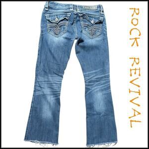 ROCK REVIVAL Ele Blue Jeans Mid Faded Wash Fleur Flap Pockets Raw Hem Women 28